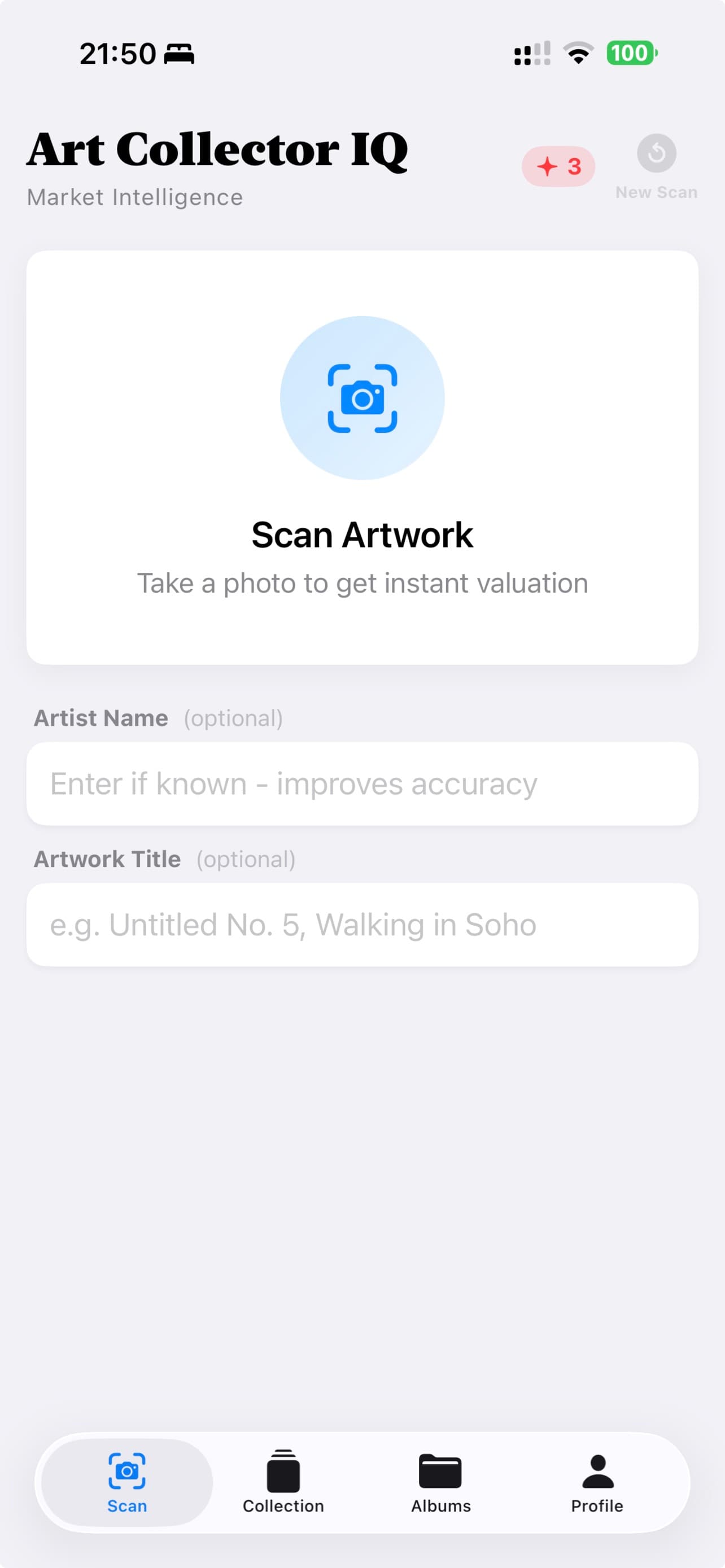 Art Collector IQ iOS app, scan screen